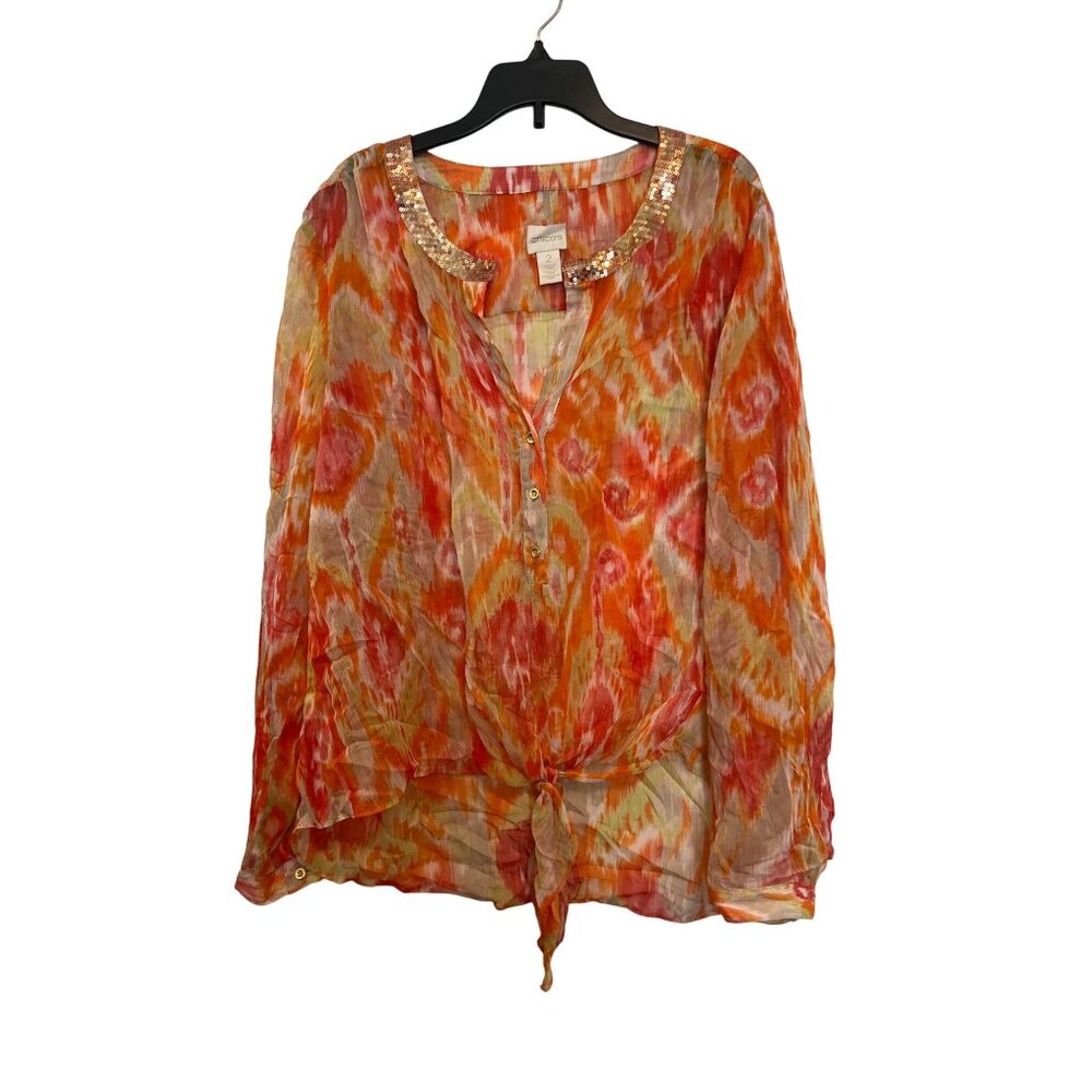Chicos Sequin Collar Sheer Tie-Front Blouse Size 2 Orange Multi Polyester